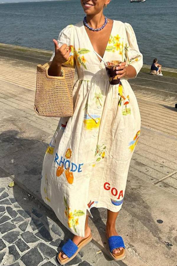 Printed Linen Midi Dress White