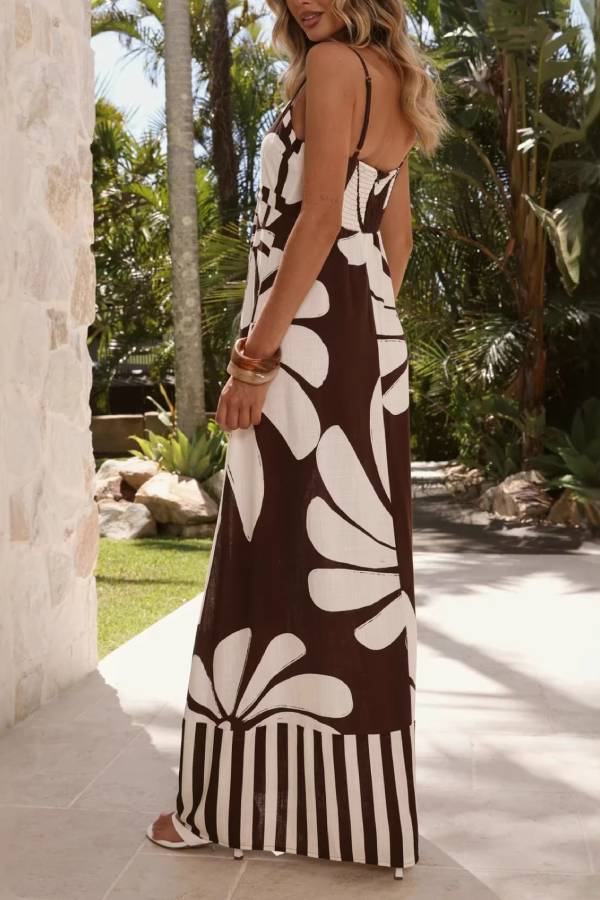 Brown and White Floral Print Cami Maxi Dress