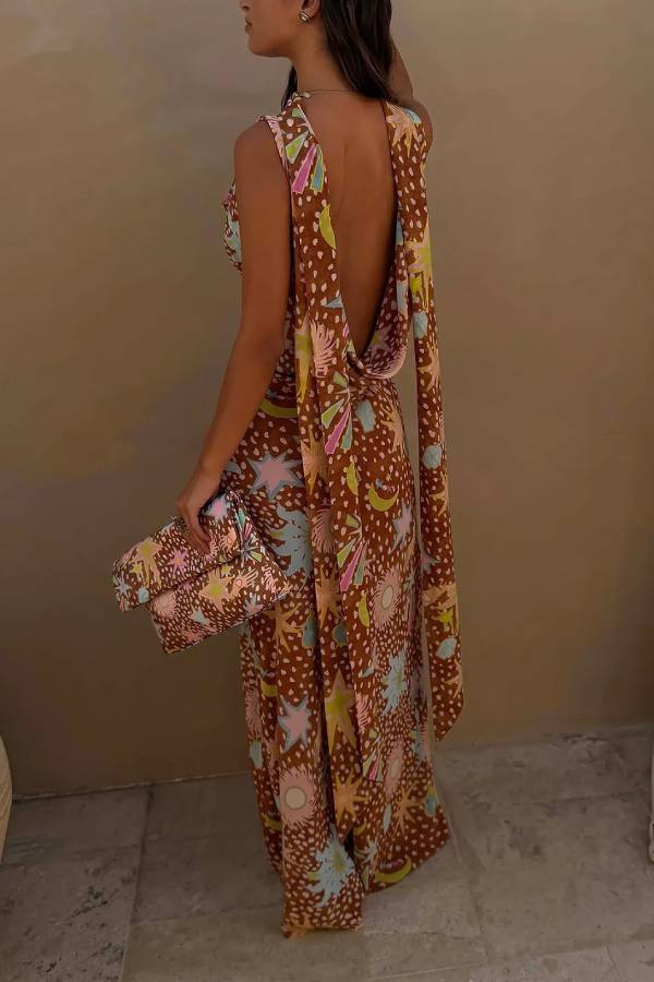Vintage Print Cowl Neck Sleeveless Maxi Dress