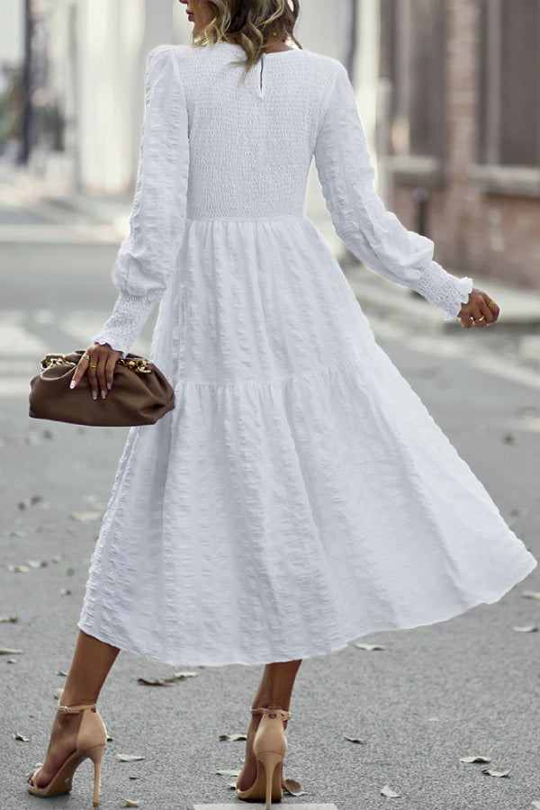 Solid Lantern Sleeve Ruffle Hem Shirred Dress