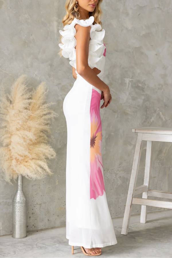 One-Shoulder Ruffled Printed Mesh Bodycon Maxi Dress