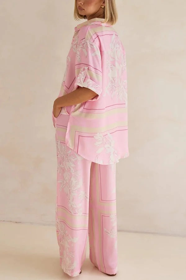 Fashionable Plant Print Loose Lapel Short Sleeve Shirt and Casual Elastic Waist Pocket Pants Set