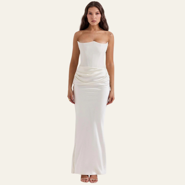 The Vienna Satin Draped Evening Maxi Strapless Dress