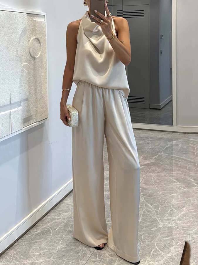 Elegant Halter Neck Swing Collar Top And Wide Leg Pants Suit-Top