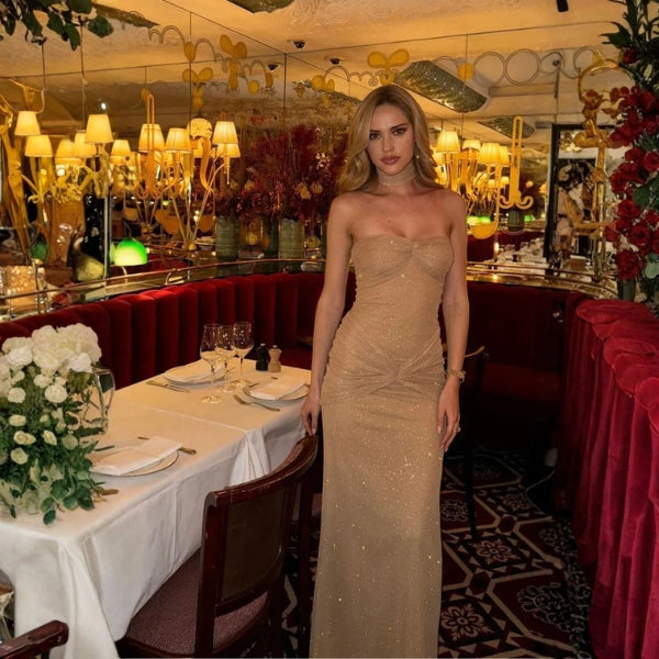 The Monaco Luminescence Evening Draped Maxi Strapless Dress