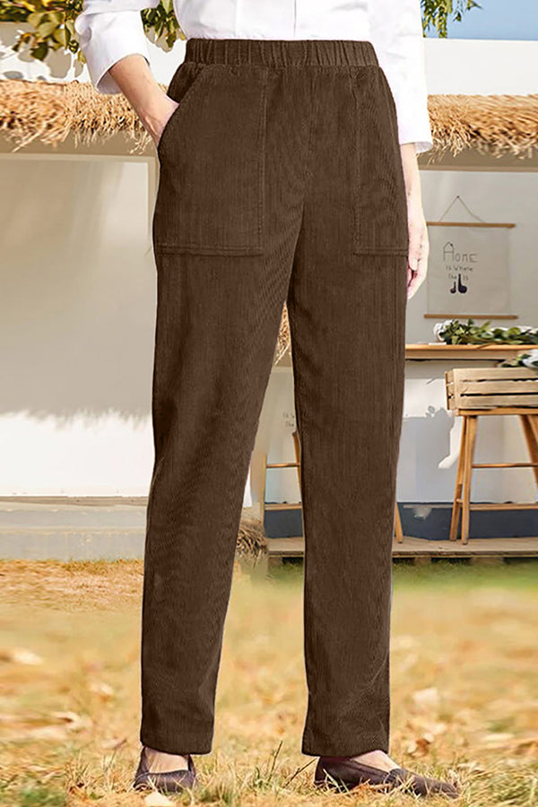 Solid color elastic waist striped straight casual pants Brown