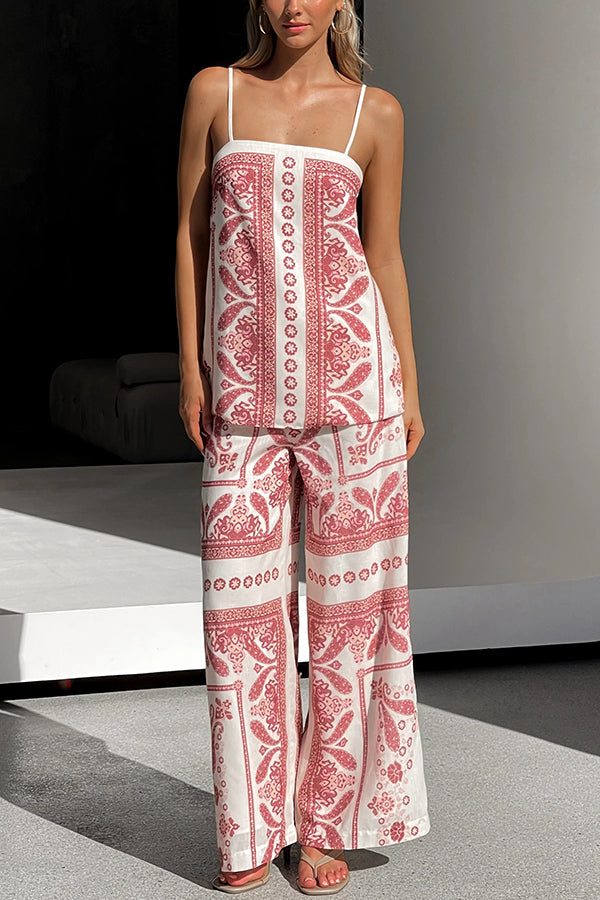 Unique Print Loose Casual Tank Top and Elastic Waist Wide Leg Straight Pants Set Red