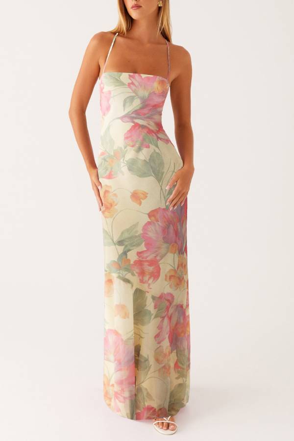 Watercolor Floral Spaghetti Strap Waist-Cinched Maxi Dress
