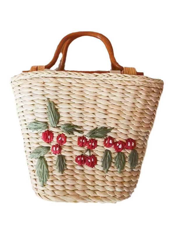 Sac en paille brodé vintage en forme de seau avec poignée en rotin