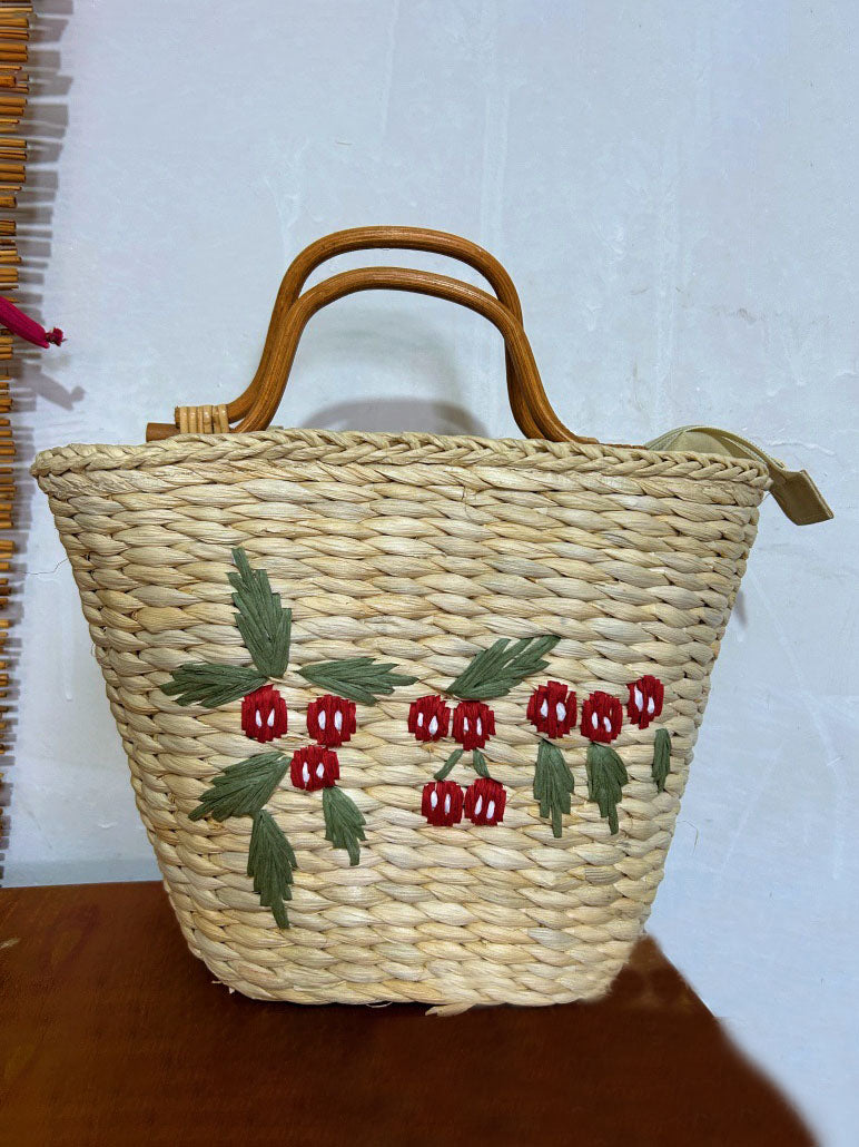 Sac en paille brodé vintage en forme de seau avec poignée en rotin