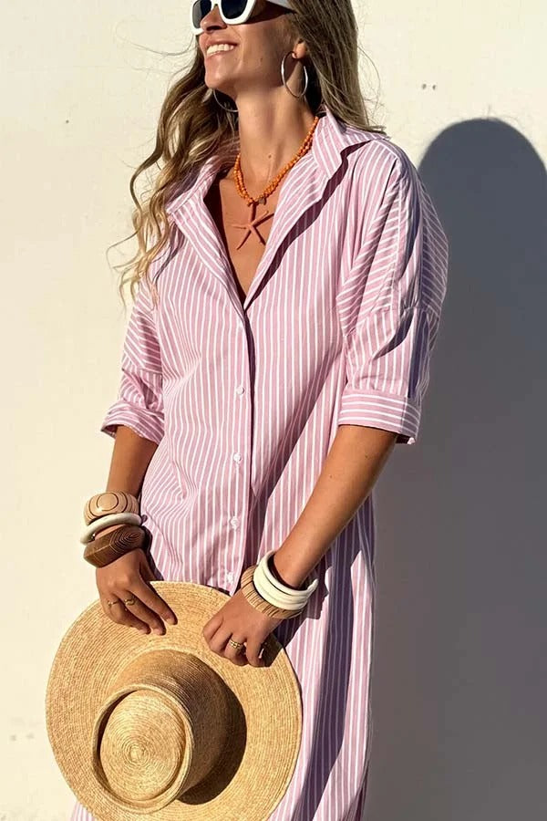 Robe chemise mi-longue boutonnée à rayures et manches mi-longues avec ceinture et poche