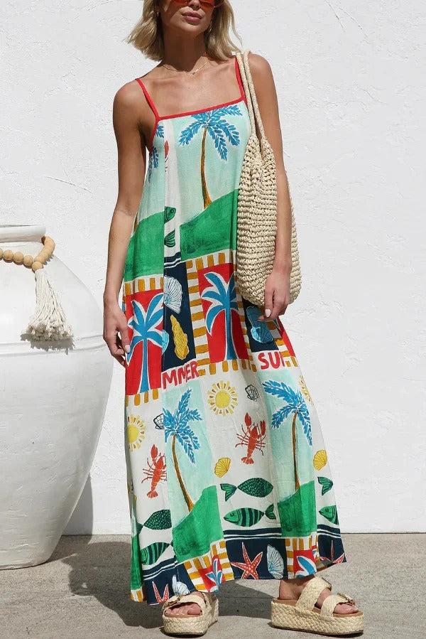 Summer-themed Printed Square Neck Sleeveless Pocket Loose Maxi Dress