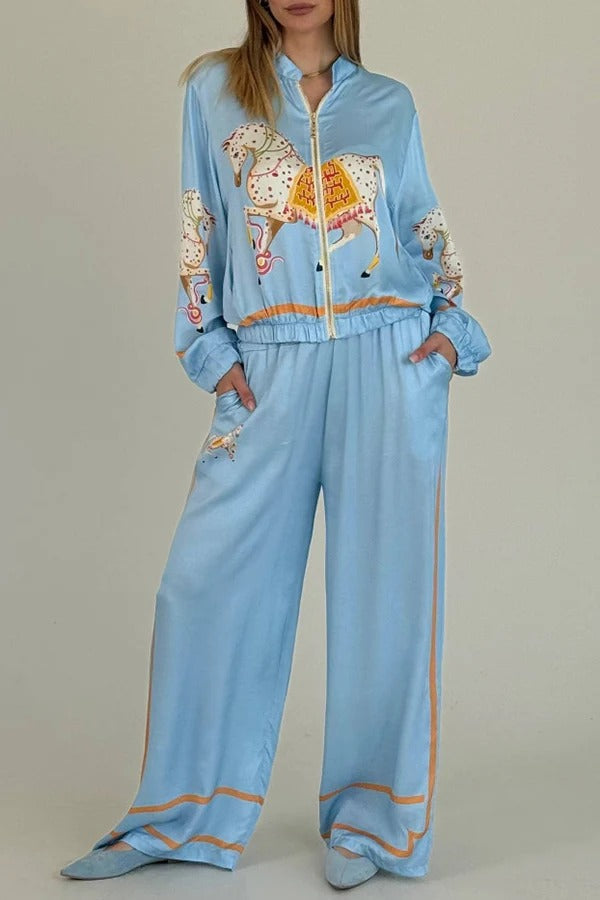 Artistic Satin Colorblock Horse Print Elastic Waist Pocket Wide Leg Pants