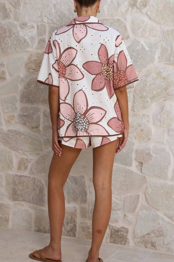 Large Floral Print Tie-Waist Short-Sleeve Shirt and Shorts Vacation Set