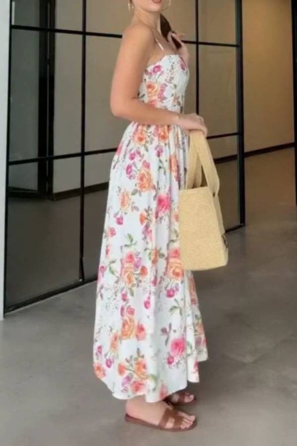 Thin Strap Square Neck Boned Corset Floral Midi Swing Dress