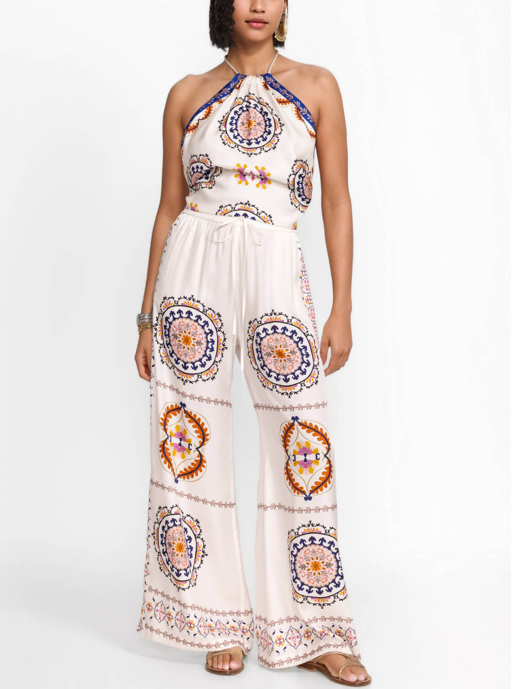 Modern Exquisite Satin Floral Print Loose Wide-Leg Pants