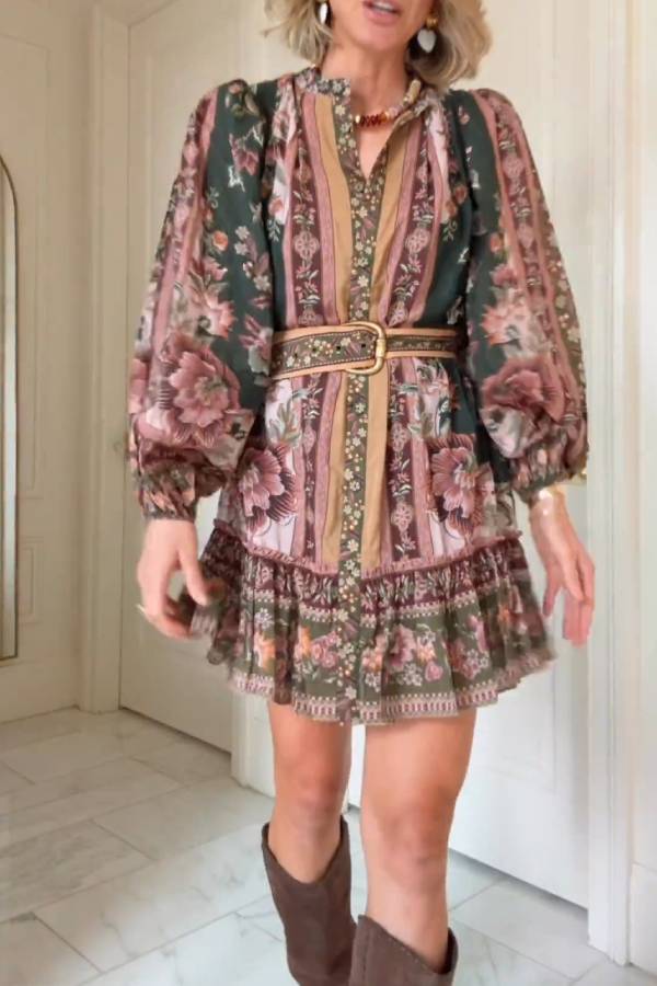 Farm Rio Belted Puff-Sleeve Mini Dress