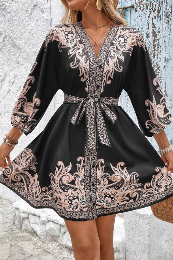 Retro print V-neck tie dress