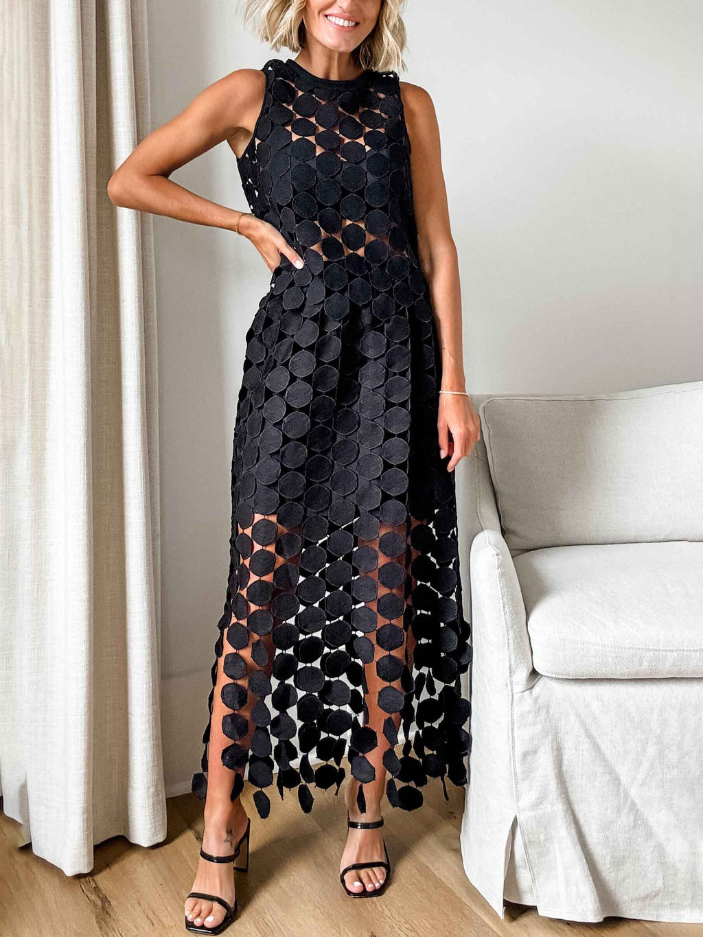 Débardeur décontracté à col rond et broderie circulaire