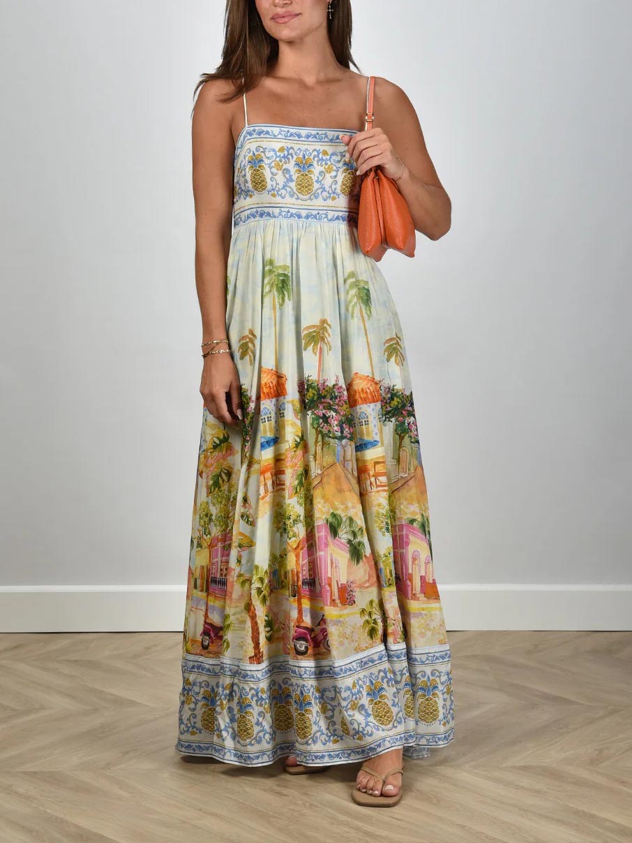 Robe longue à bretelles unique à imprimé peint pour les fêtes