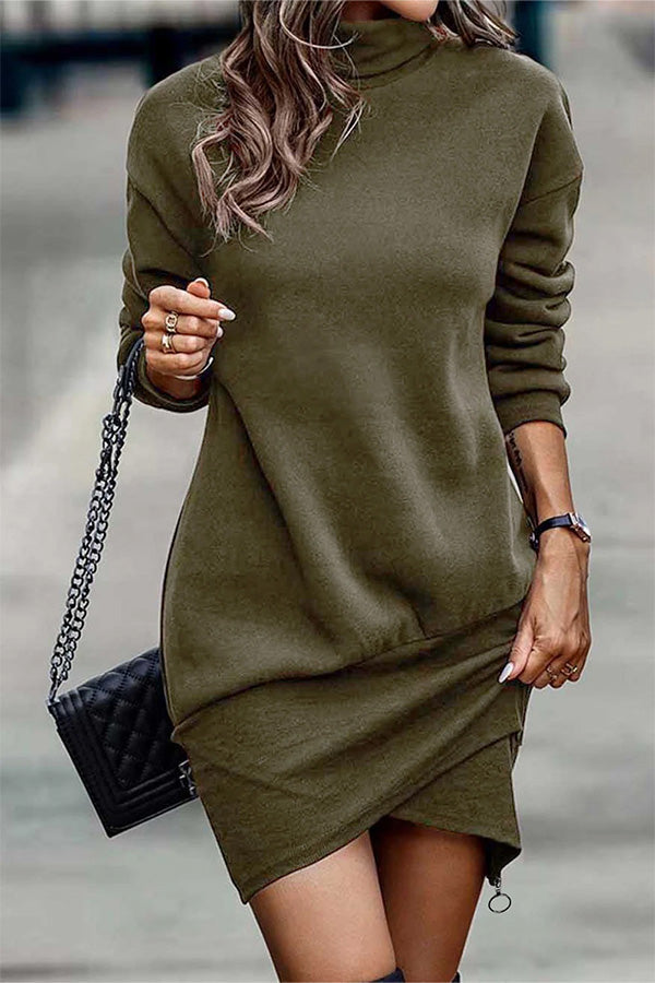 High Neck Long Sleeve Wrapped Short Dress Green