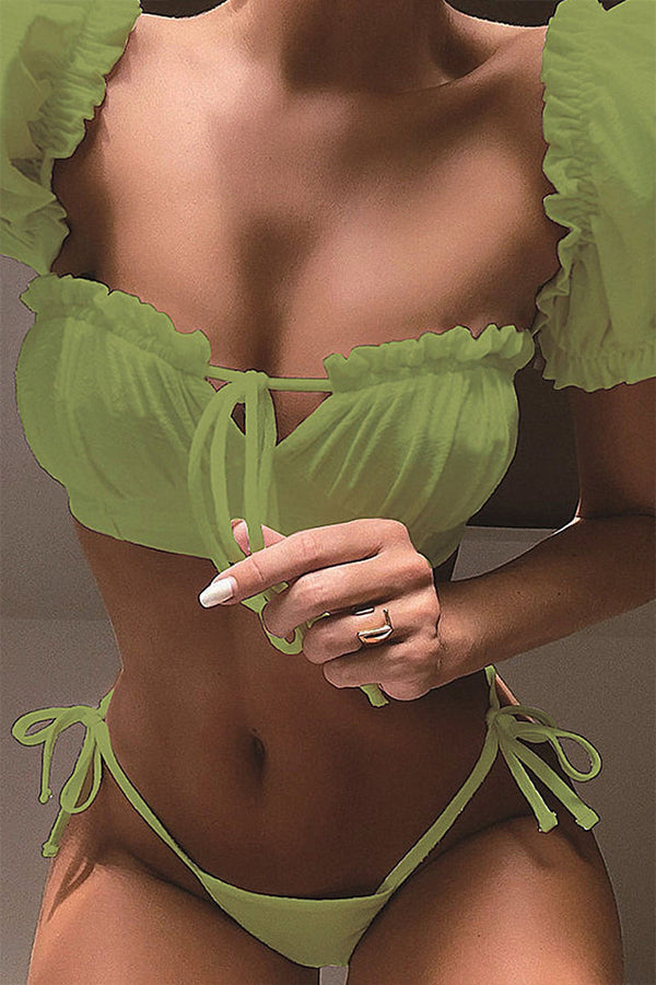 Ruffled Puff Sleeve Two Piece Swimsuit Green