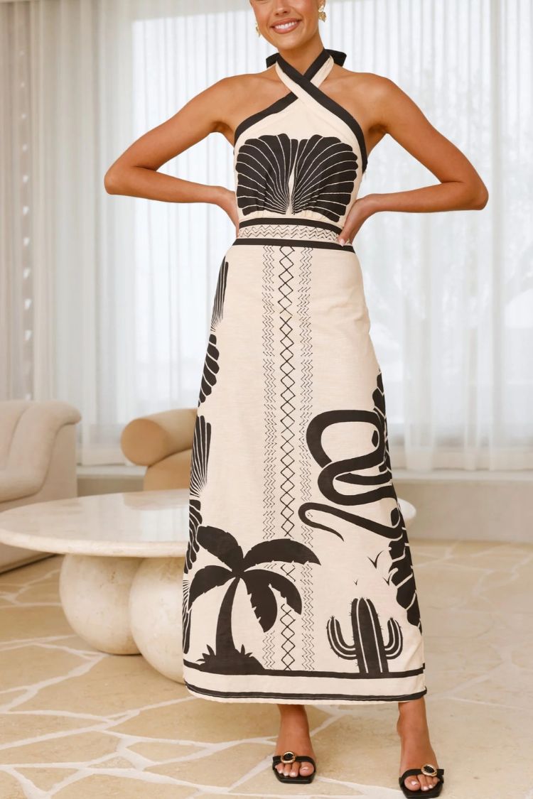 Shell Print Holiday Style Halter Neck Maxi Dress