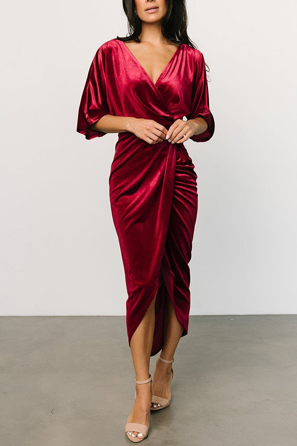 V-neck sexy irregular skirt evening dress Claret