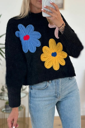 Sun Kissed Knit Colorful Floral Turtleneck Pullover Sweater Black ONE-SIZE