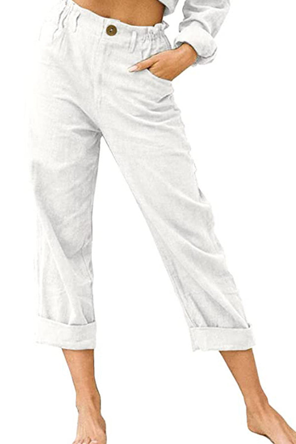 Solid color cotton and linen fashionable loose high waist casual pants White