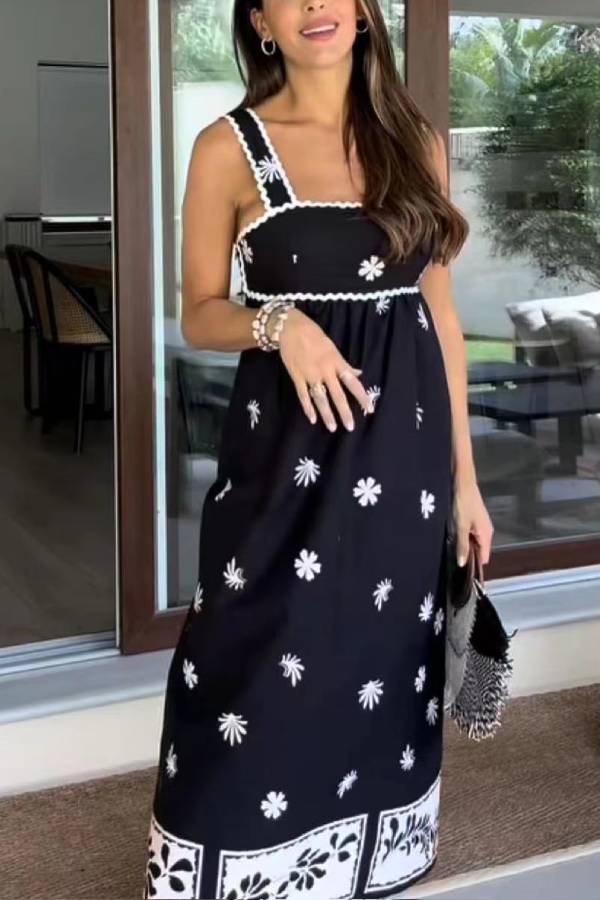 Fashion Printed Maxi Slip Dress Black