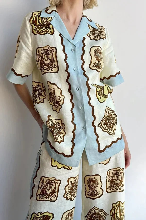 Lakeside Breeze Linen Blend Unique Print Short Sleeve Button Oversized Blouse Blue