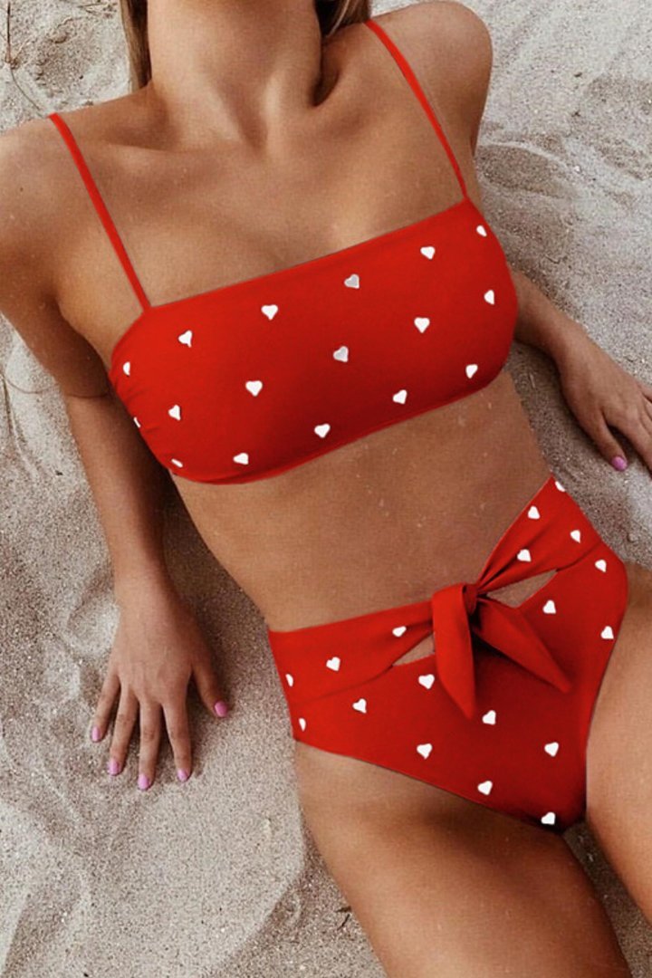 Heart-shaped Print Bandage Cutout Design Bikini Set (6 Colors) Red