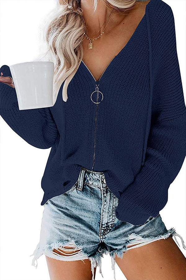 Hooded Zipper Irregular Loose Sweater Navy blue
