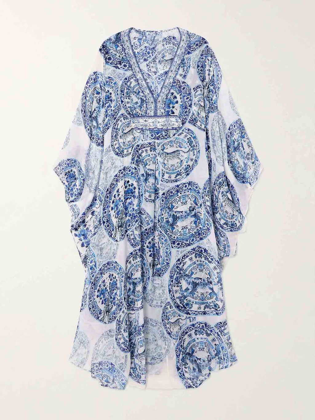 Anspruchsvolles Resort-Maxikleid mit fließendem Blumen- und Leopardenmuster