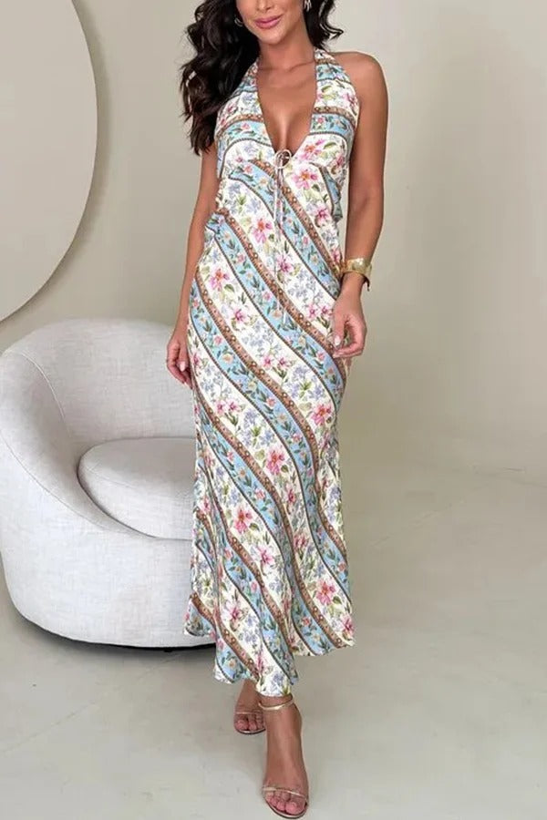 Garden Goddess Unique Colorblock Floral Print Halter Backless Maxi Dress Blue