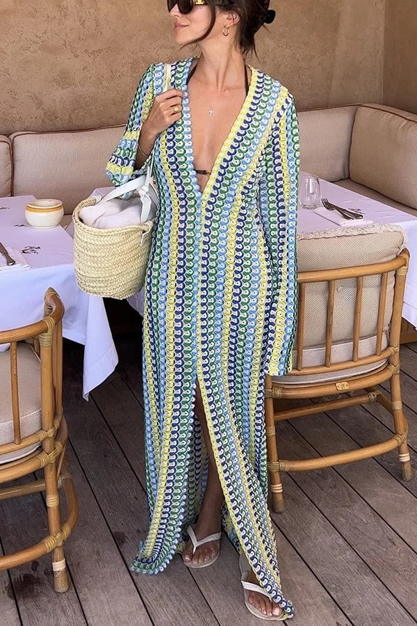 Bondi Beach Knit Colorful Wave Print Long Sleeve Vacation Maxi Dress Yellow