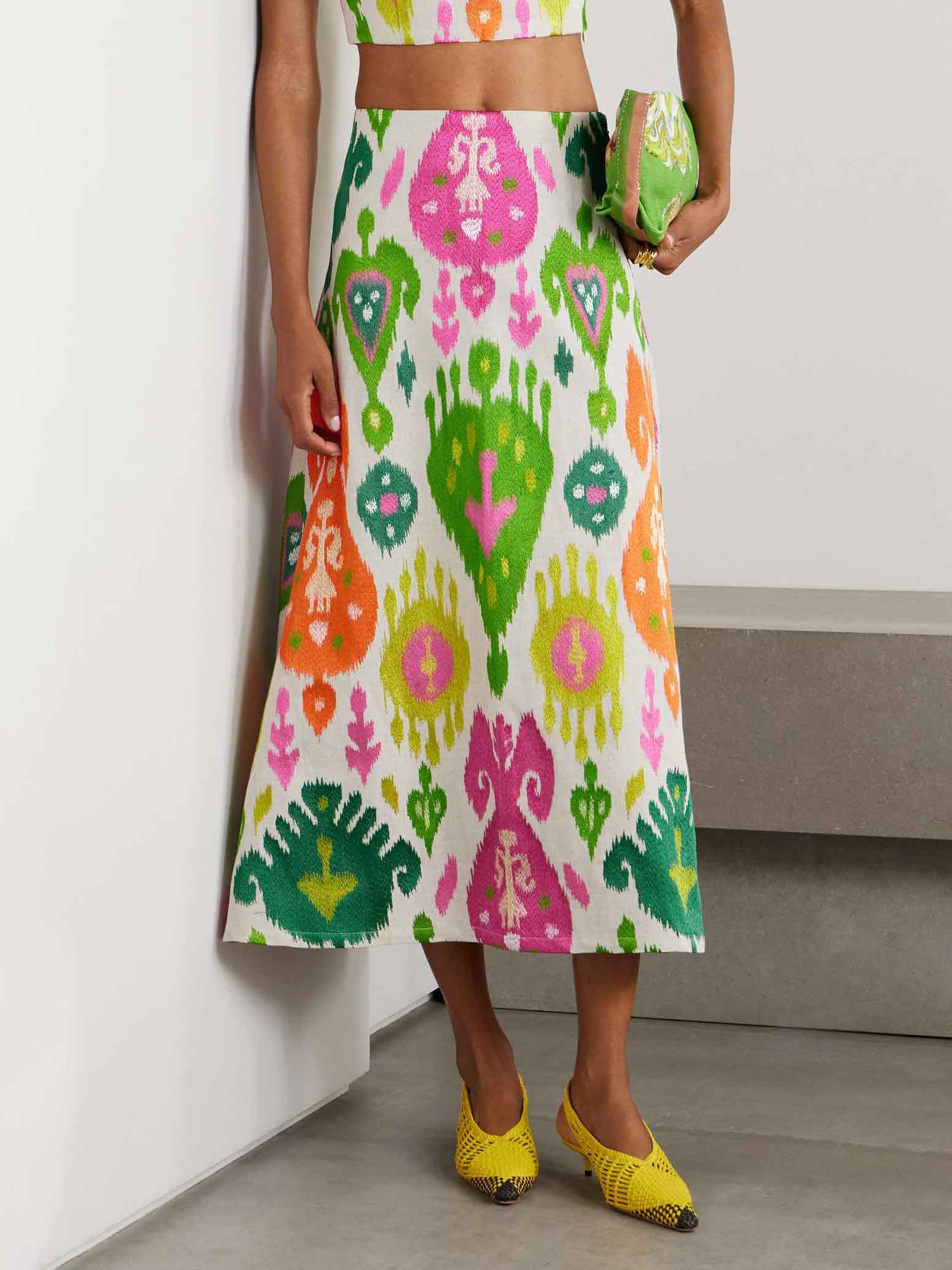 Lebhafter Midirock mit hoher Taille und Ikat-Print