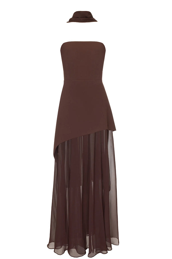 Monaco Off Shoulder Structured Top Chiffon Slit Hem Scarf Maxi Dress