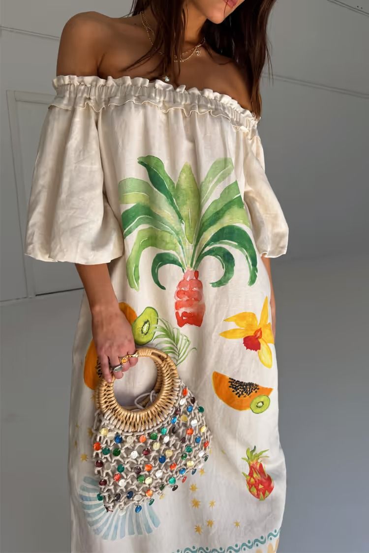 Sunveil Linen Blend Unique Print Puff Sleeve Pocket Strapless Maxi Dress
