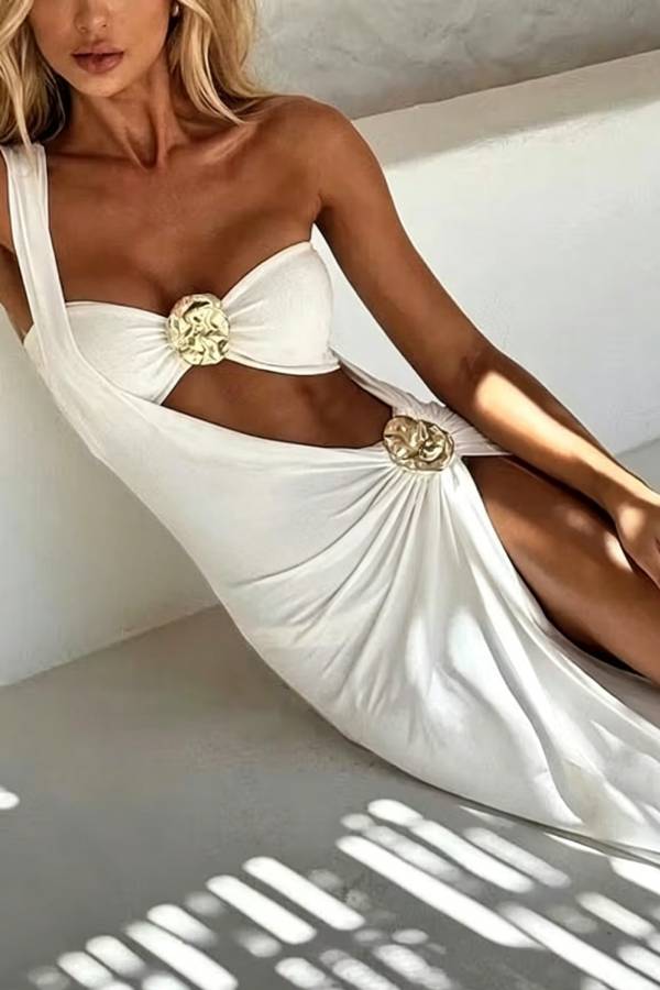 Solid Color Sexy Metallic Stretch Two Piece Bikini Swimsuit and One Shoulder Slim Cover Up Set