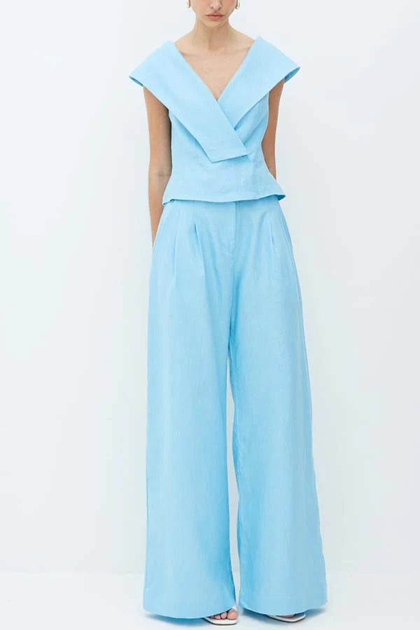 Velena Linen Blend Button Up Lapel Top and High Rise Pocket Wide Leg Pants Set