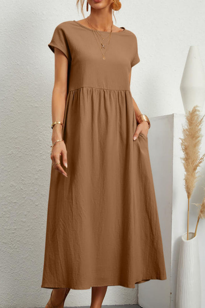 Cotton Linen Solid Short Sleeve Midi Dress Brown
