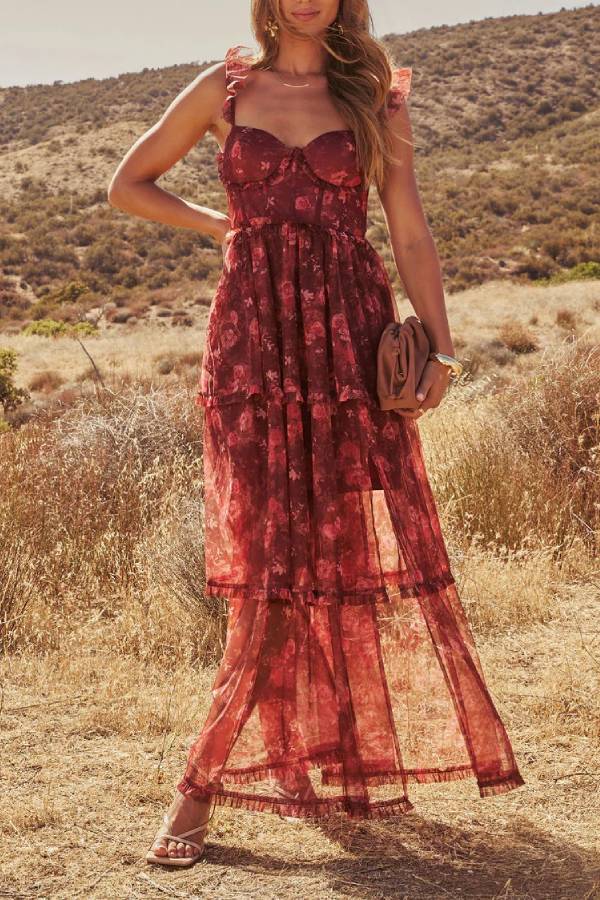 Reina – Gestuftes Maxikleid aus Netzstoff mit Blumenmuster