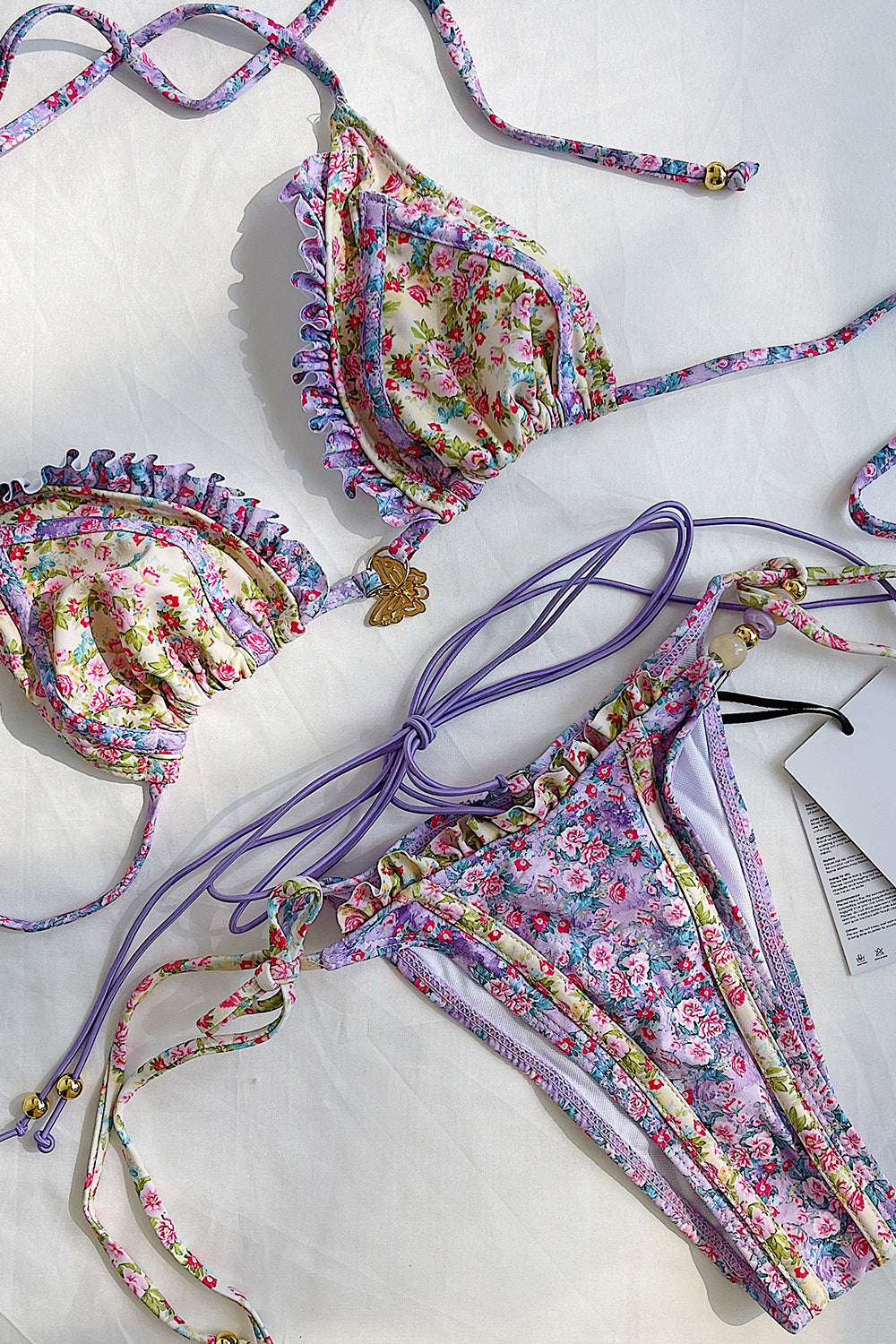 Floral Print Ruffled Triangle Tie Side Bikini Set With Ring Details
