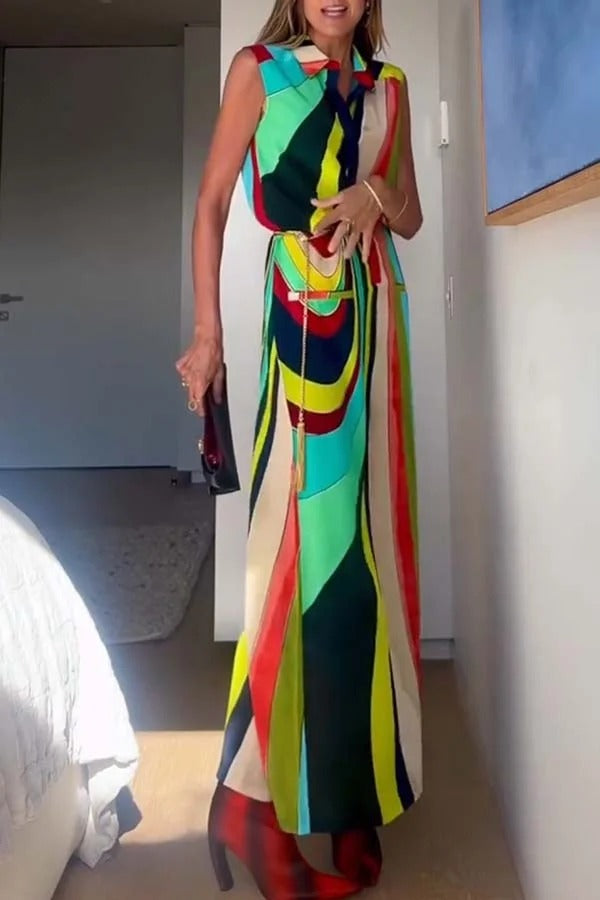 Robe longue à imprimé coloré, audacieuse et élégante, boutonnée, avec poche et fente en H