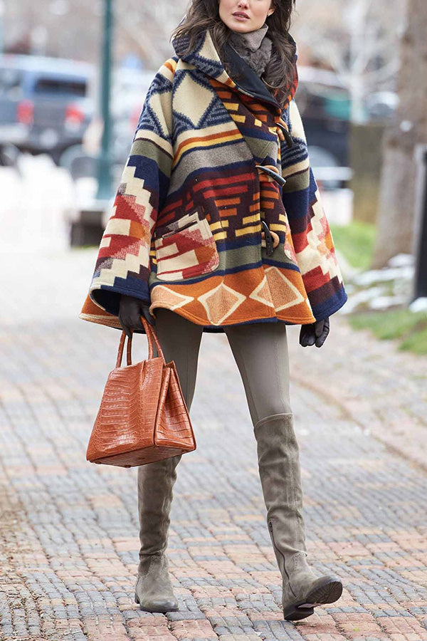 long sleeve hooded printed coat multicolor