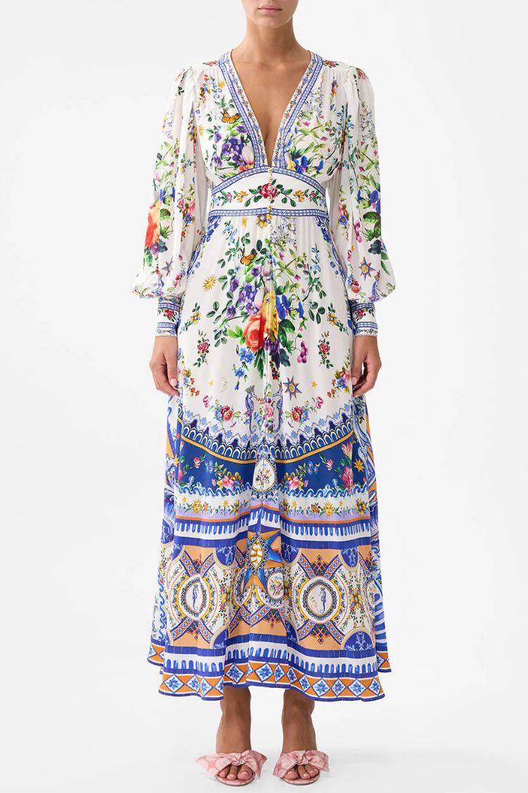 Printed V-neck Long-sleeved Puff Sleeve Waist Maxi Dress Blue