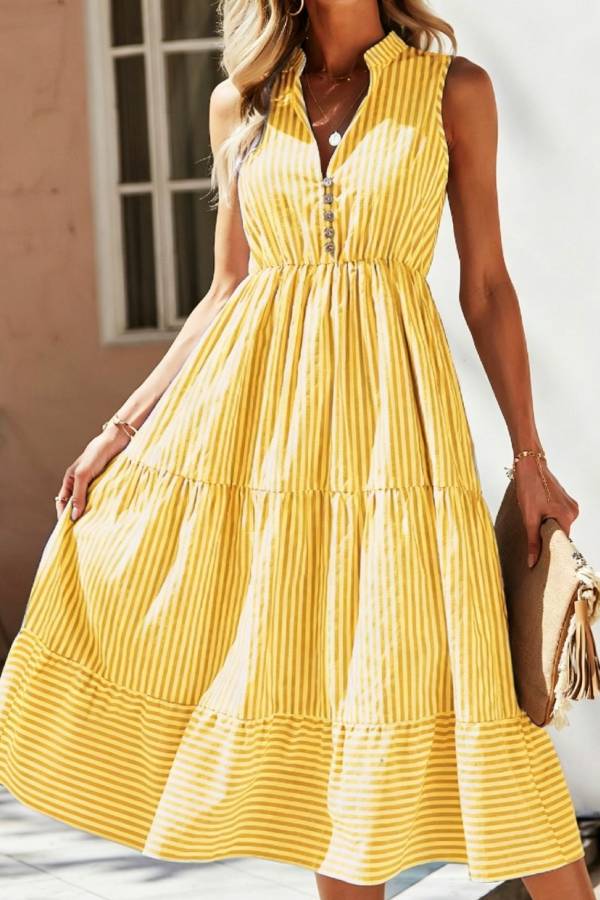 Multi-Color Striped V-Neck Sleeveless Waisted Tiered Maxi Dress