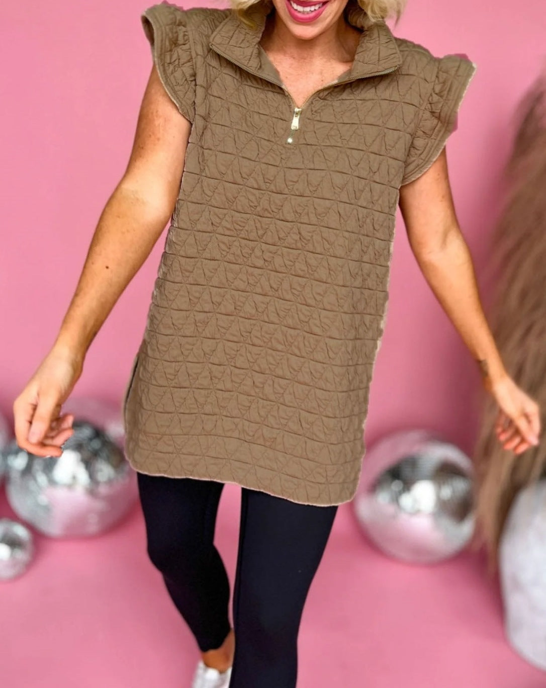 Quilted fleece zippered sweater Brown